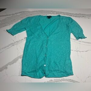 Calvin Klein Jeans short sleeve Vneck cardigan sweater, teal-blue, women’s Large